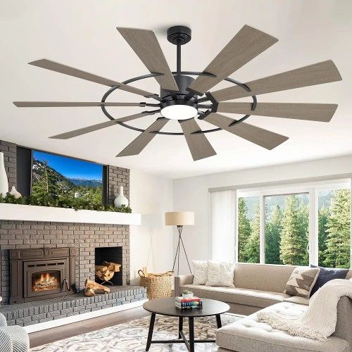 WINGBO 72" Windmill Ceiling Fan with Lights, 3 Downrod, 6-Speed Reversible DC Motor, 3CCT, 10 Blade Indoor Farmhouse DC Ceiling Fans for Kitchen Bedro