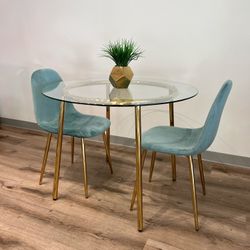 Blue Gold Modern Velvet Glass Dining Set For 2