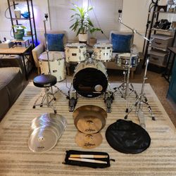 Pearl or SPL Complete 5pc drum set w/cymbals, stands, seat & double bass pedals FREE Cymbal set w/purchase