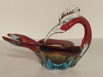 Vintage Murano Firebird Red & Blue Candy Dish 6” tall 8” wide 
