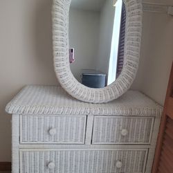 Small White Wicker Dresser Mirror Set 