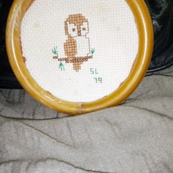 Vintage Needlepoint Owl In A Wooden Frame