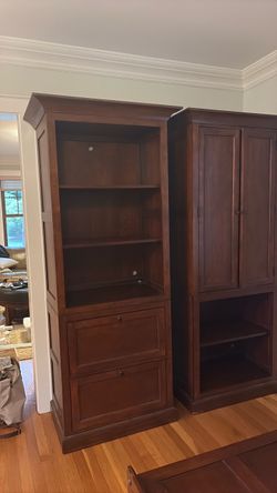Dark Wood Desk, Bookcase, Shelf with Cabinet Doors