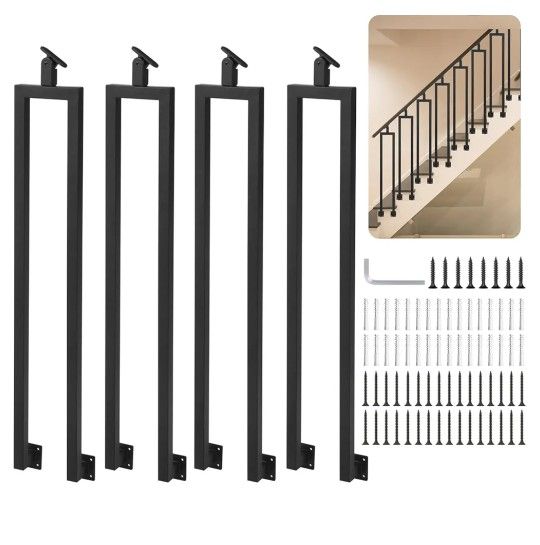 8743: New 4 Pack U Shape 38.6" Stair Balusters with Adjustable Top Bracket for Staircase Interior, Side Mount Industrial Wrought Iron Balusters