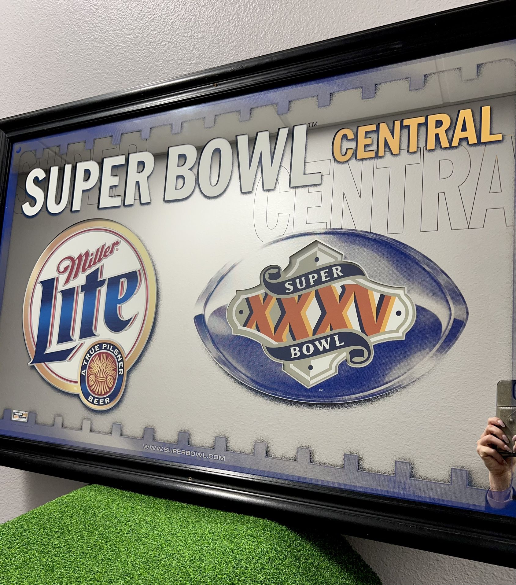 25”x 40” Vintage Super Bowl XXXV Miller Lite Bar Mirror Advertisement Sign