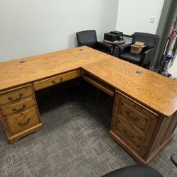 wooden desk, file cabinet, and book shelf
