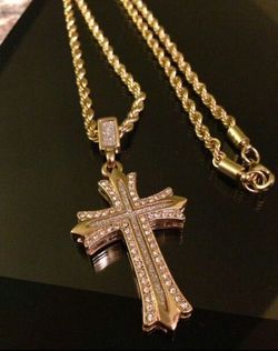 Gold Plated Rope Chain (24 ") w/ Swarovski Crystal Cross