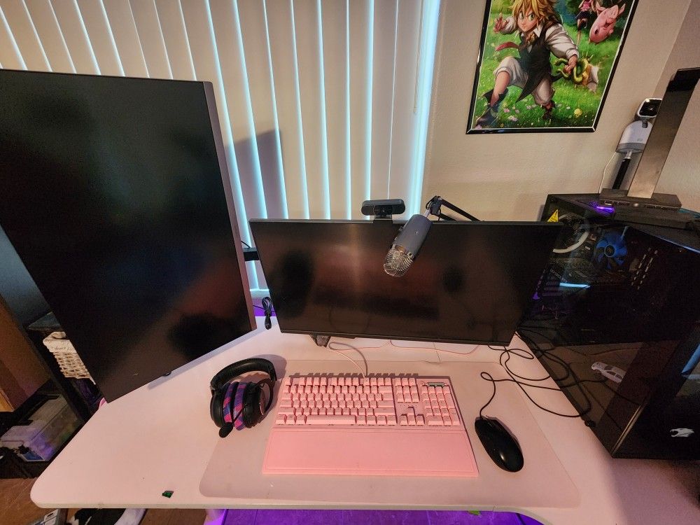 Complete Computer Setup With Dual Montiors W/ Pink Desk