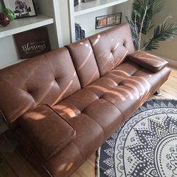Faux Leather Couch With Cup Holders 