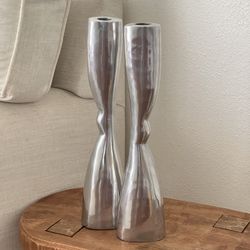 Vintage Modernist Brutalist Chrome Candle Holders 