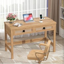 Natural Oak Computer Desk with Drawers and Power Outlets