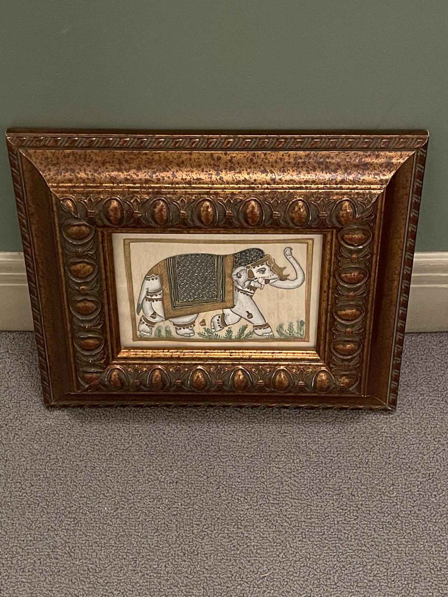 Iconic ELEPHANT etched w/Gold Leaf on Fine Silk & Framed in ORNATE WOOD (2 available) - firm price EACH, or BOTH for a little less (firm)