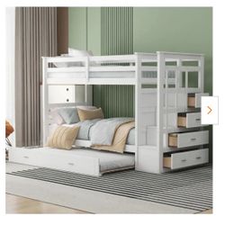 White Twin Over Twin Wood Bunk Bed with Trundle and Storage Staircase