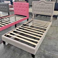 Brand new Twin Size light brown Linen upholstered platform bed frame. 