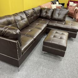 Brown Leather Living Room Sectional With Ottoman - Delivery And Financing Available 