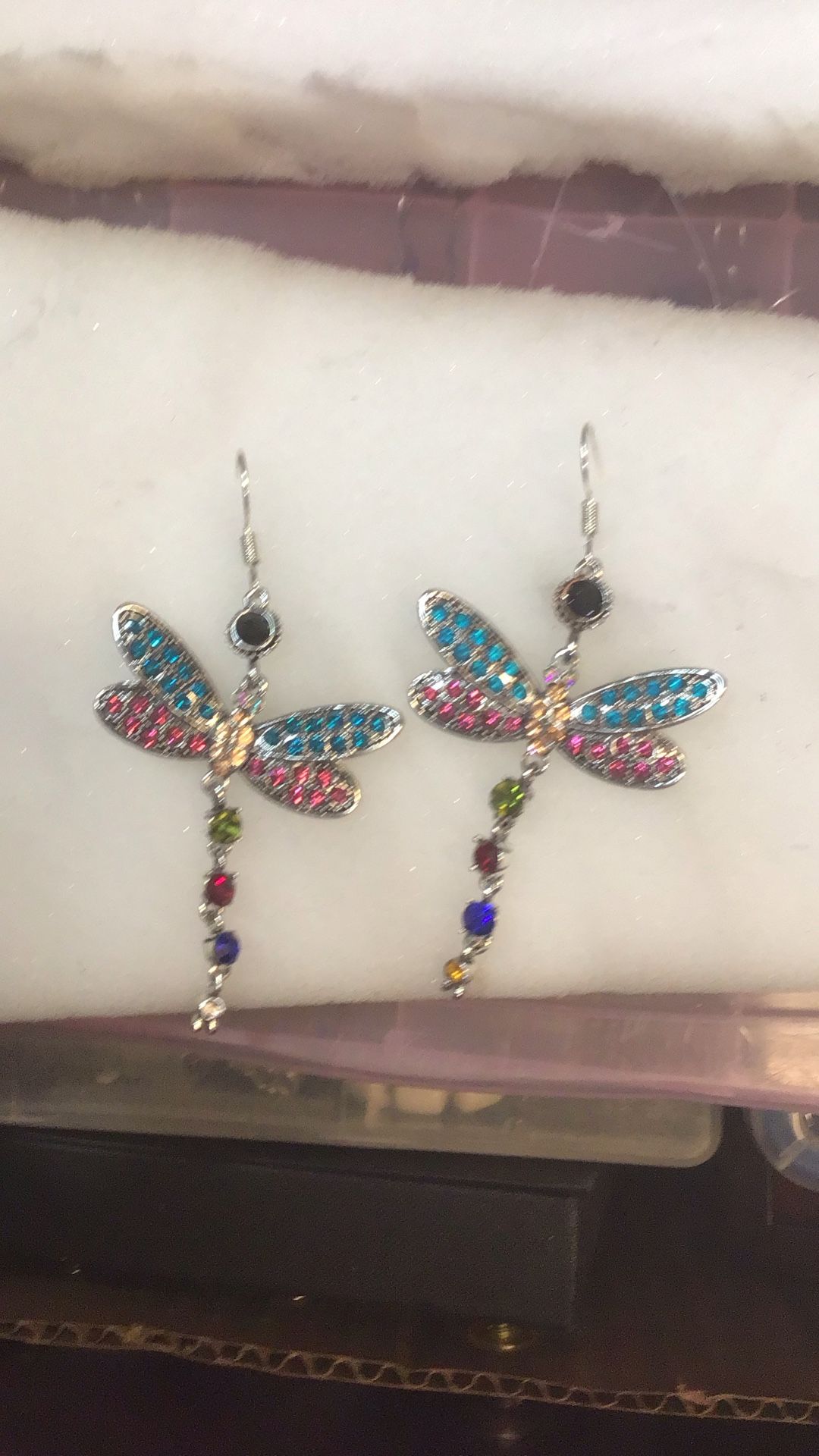 Multicolor Crystal Rhinestone Silver Plated Dragonfly Hook Earrings