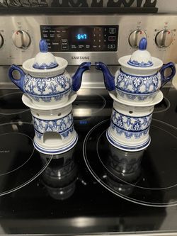 Bombay Porcelain Blue & White Teacups w/ Warmers