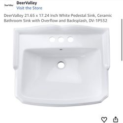 DeerValley 21.65 x 17.24 Inch White Pedestal Sink, Ceramic Bathroom Sink with Overflow and Backsplash, DV-1P532