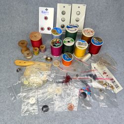 Lot of Vintage Sewing Crafts - Buttons Sequins Wood Plastic Thread Spools