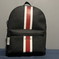 Michael Kors Black/Bright Red Signature Coated Canvas Striped Cooper Backpack