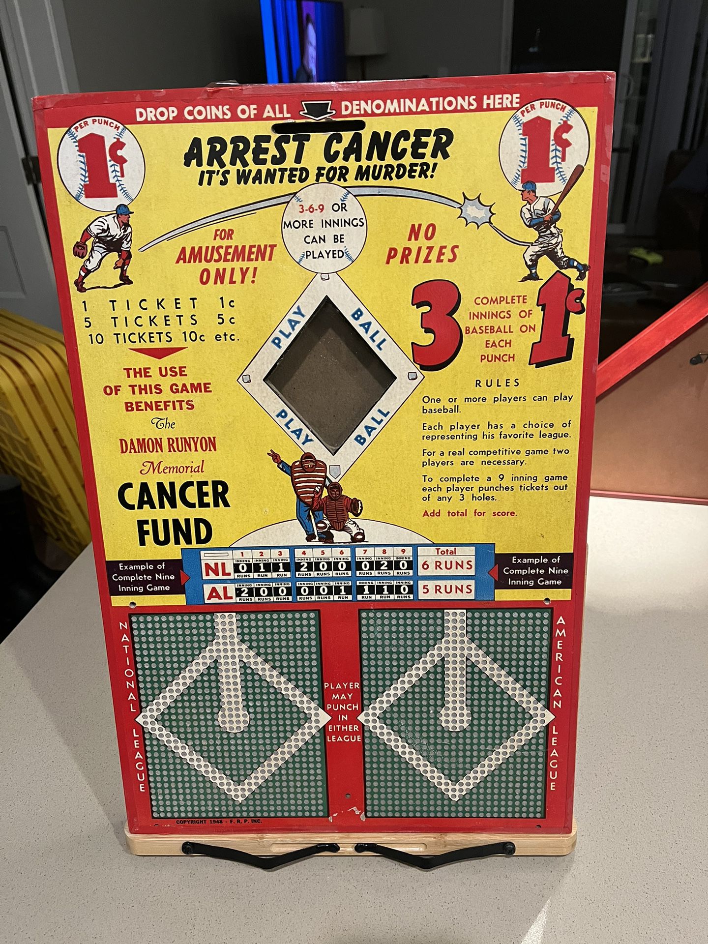 Vintage Damon Runyon Memorial Cancer Fund Baseball Punch Board Game 1948