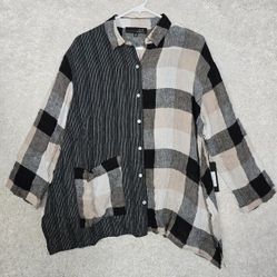 Liv by Habitat Yin Yang Shirt Womens Small Neutral Linen Button Up Long Sleeve 