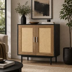 32" Black / Natural Rattan Sideboard Storage Cabinet [NEW] **Assembly Req