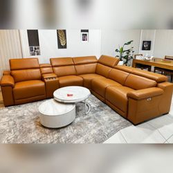 New livingroom 6-Piece Living Room Recliner Sofa set w/ USB Light Brown Top Breathing Leather