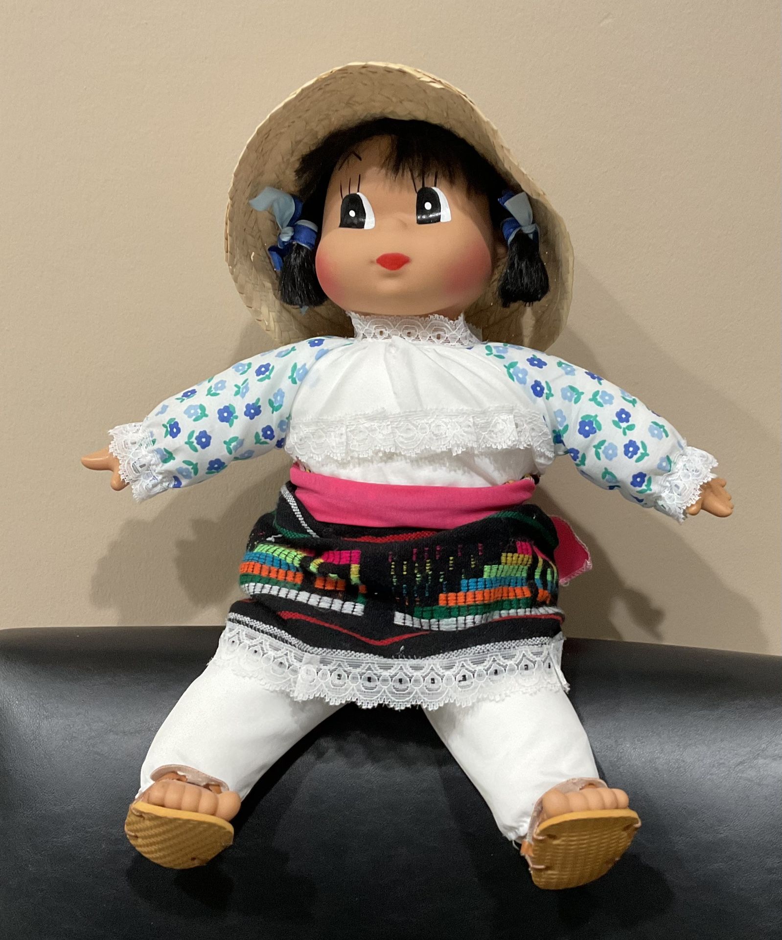 NWOT Stuffed Body Sitting Mexican Doll, 12” High When Sitting With Hat