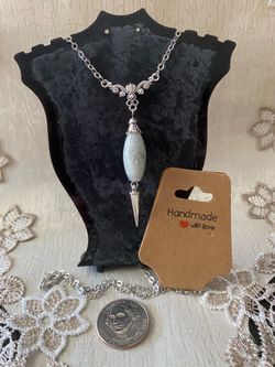 Handmade Silver-Toned Necklace with White and Grey Stone Pendant