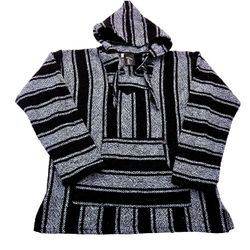 Baja Billys Black White Striped Mexican Drug Rug Hoodie Pullover Large