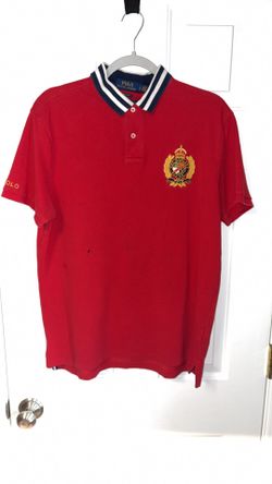 Red Polo Ralph Lauren polo shirt with navy and white stripe collar