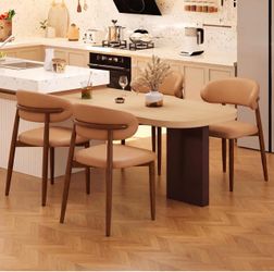 Faux leather Dining Chairs Set of 4 Mid-Century Modern Kitchen & Dining Room Chairs with Linen Seat and Backrest Ergonomic (Walnut/Orange)