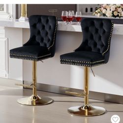 Velvet Adjustable Swivel Bar Stools with Tufted Back & Metal Base, Set of 4