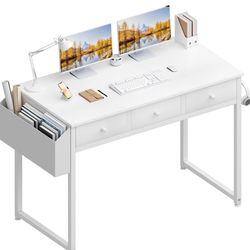 Lufeiya Small White Computer Desk with Fabric Drawers for Home Office Bedroom, 40 Inch Vanity Desk with Drawer Storage and Side Pouch, Study Writing T