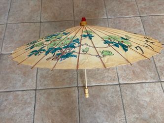 Vintage Japanese Oil Painted Umbrella With Floral & Bird Design