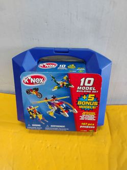K'NEX 10 Model Building Set featured in the image includes 167 plastic pieces that allow kids to construct a variety of vehicles and structures