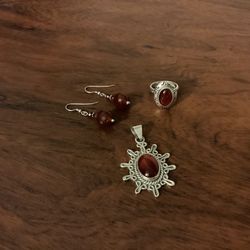 CII Mexico Sterling Silver 925 Carnelian Gemstone Pendant, Ring - size 9  and Earrings