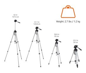 Adjustable silver and black tripod. Ideal for photography and videography.
