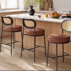 Bar Stools Set of 4.. Bar Height Stools with Rattan Back and Metal Legs, 30.1-Inch Tall Counter Chairs, Modern Leather Upholstered Barstool