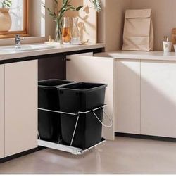 New Sliding Pull Out Double Trash Bins 35 Quart Kitchen Cabinet Black