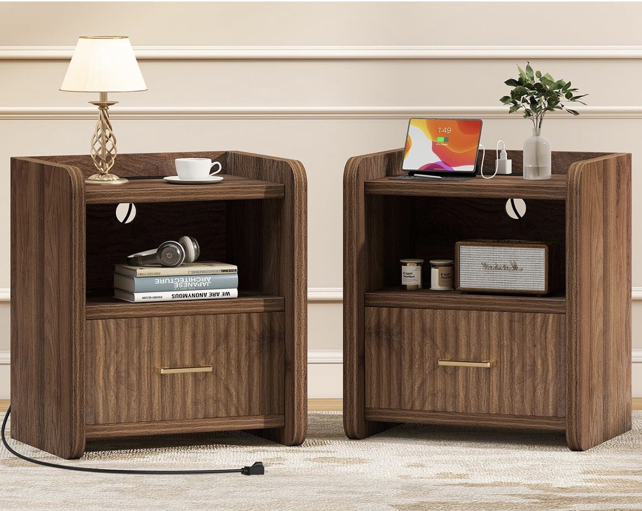 New Night Stand with Charger Station, Fluted Nightstands Set of 2 with Drawer, Modern Bedside Table Set of 2, Wide Nightstands for Bedroom, Mid Centur