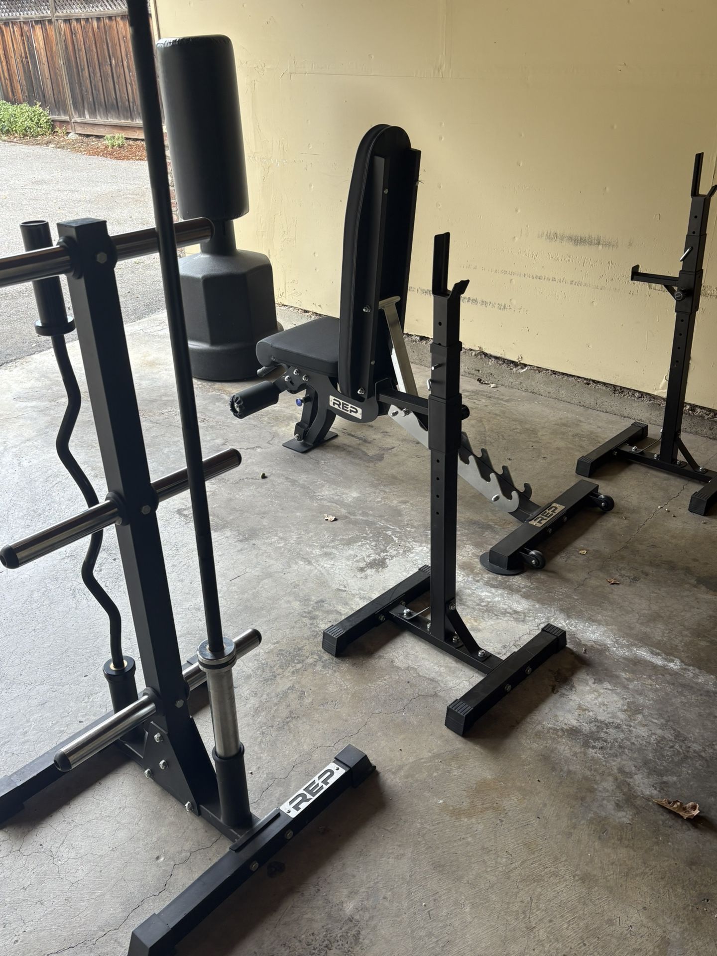 REP Fitness FID Adjustable Bench HD, REP Bar & Weight Plate Tree, Bench Racks, & 2 Olympic Bars