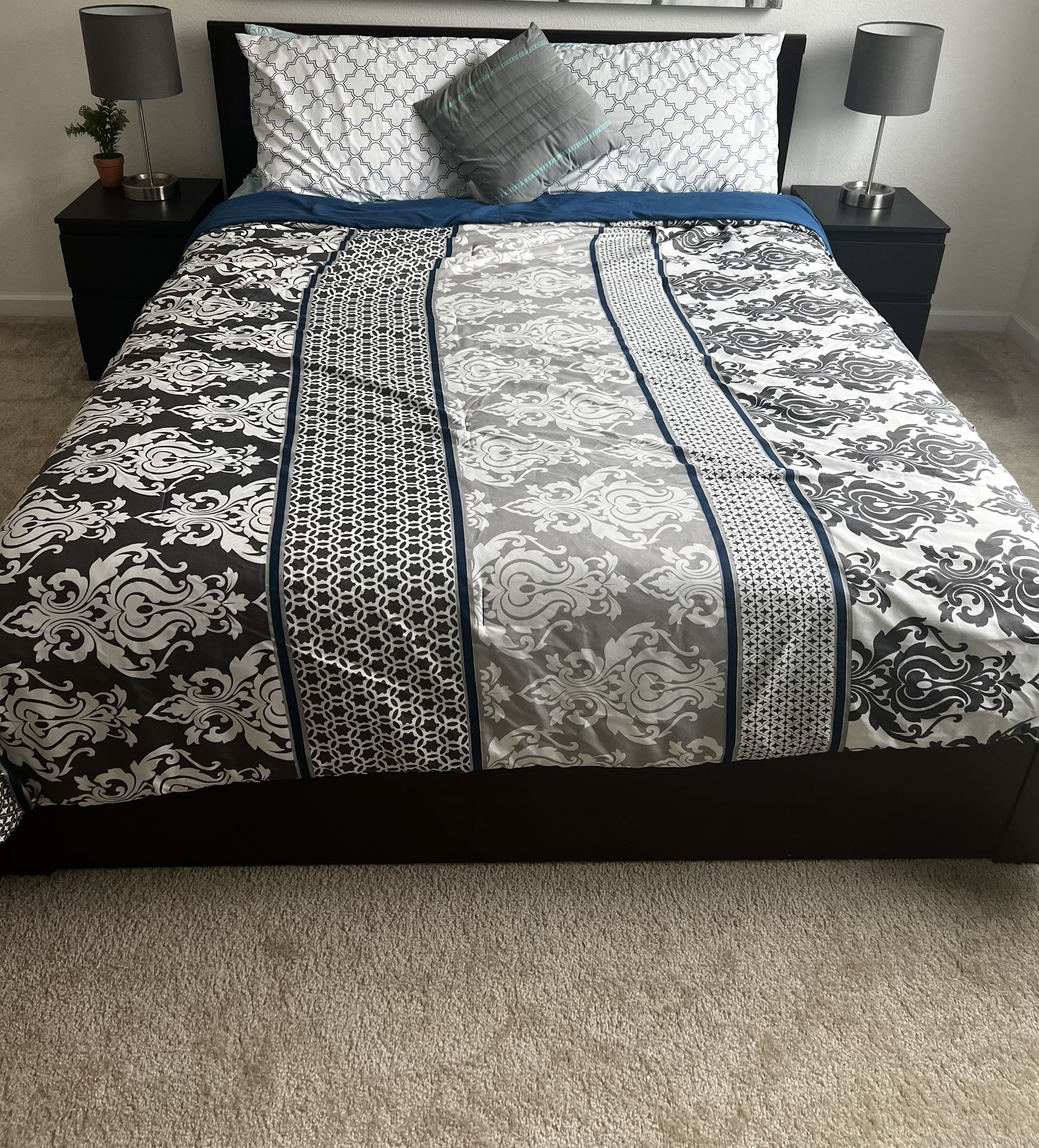 Queen bed, mattress, pillow, lamp and side tables