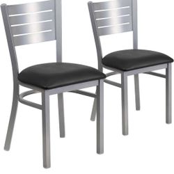 Flash Furniture 2 Pack HERCULES Series Silver Slat Back Metal Restaurant Chair - Black Vinyl Seat
