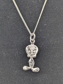 925 Sterling Silver Tweety Pendant and Miami Cuban Curved Flat Link Necklace