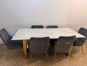 Meridian Furniture Owen & Carlton Modern Dining Set, Velvet Upholstered Chairs with Gold Legs and Rich Chrome Stainless Steel, Genuine Stone with Marb