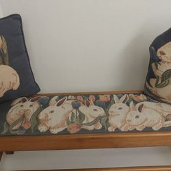 Bunny bench, pillow, door stop.