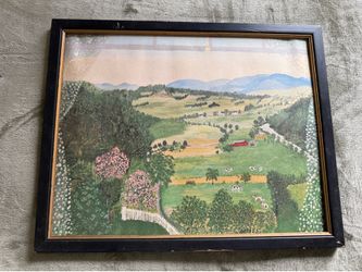 Vintage Framed Rural Farm Landscape Print in the Style of Grandma Moses