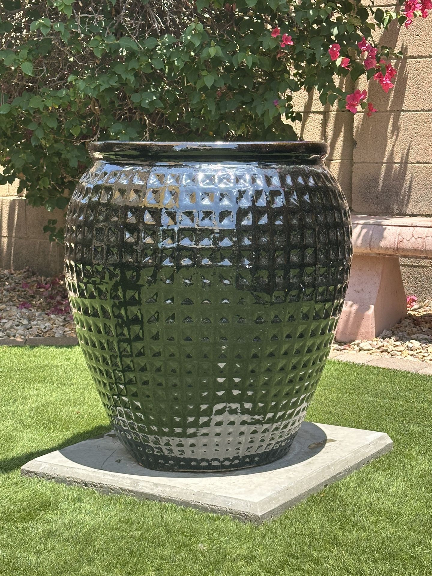 X-Large 29” tall Black Square Patterned Ceramic Outdoor Patio Pot, Handmade Vietnamese Pottery